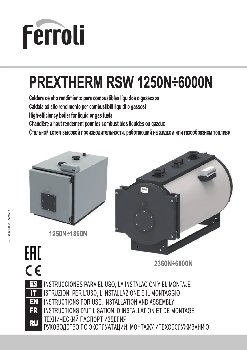 Page 1 de la notice Manuel utilisateur Ferroli PREXTHERM RSW 1250N÷6000N