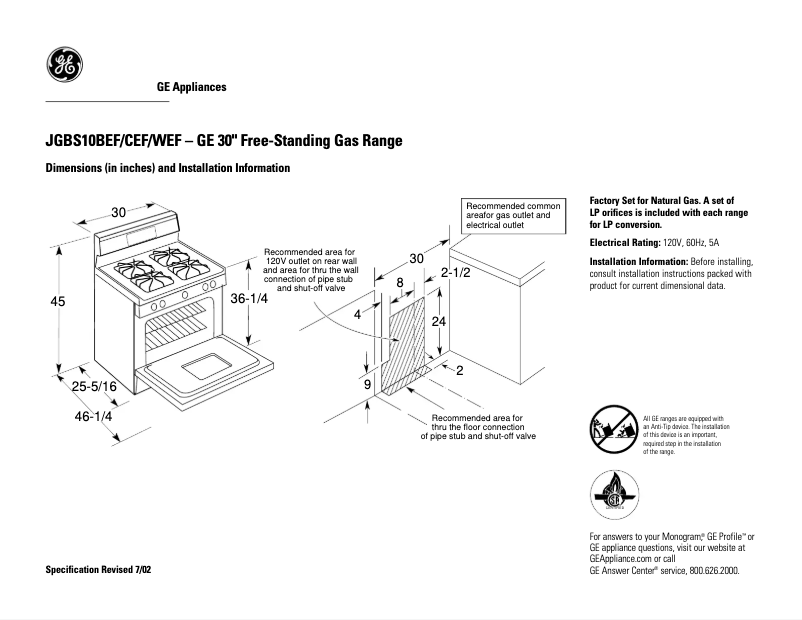 Página 1 del manual Ficha técnica GE JGBS10CEFCC