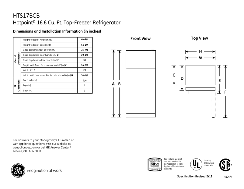 Page 1 de la notice Fiche technique Hotpoint HTS17BCBRWW
