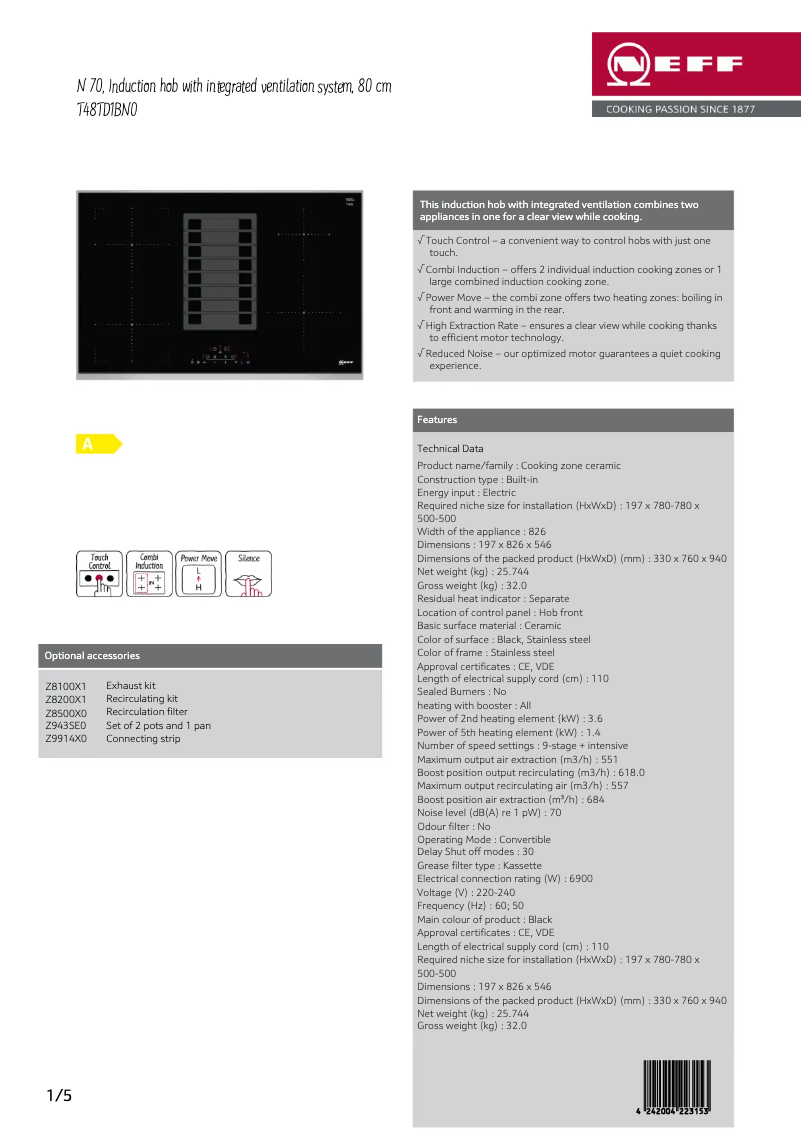 Page 1 de la notice Fiche technique Neff T48TD1BN0