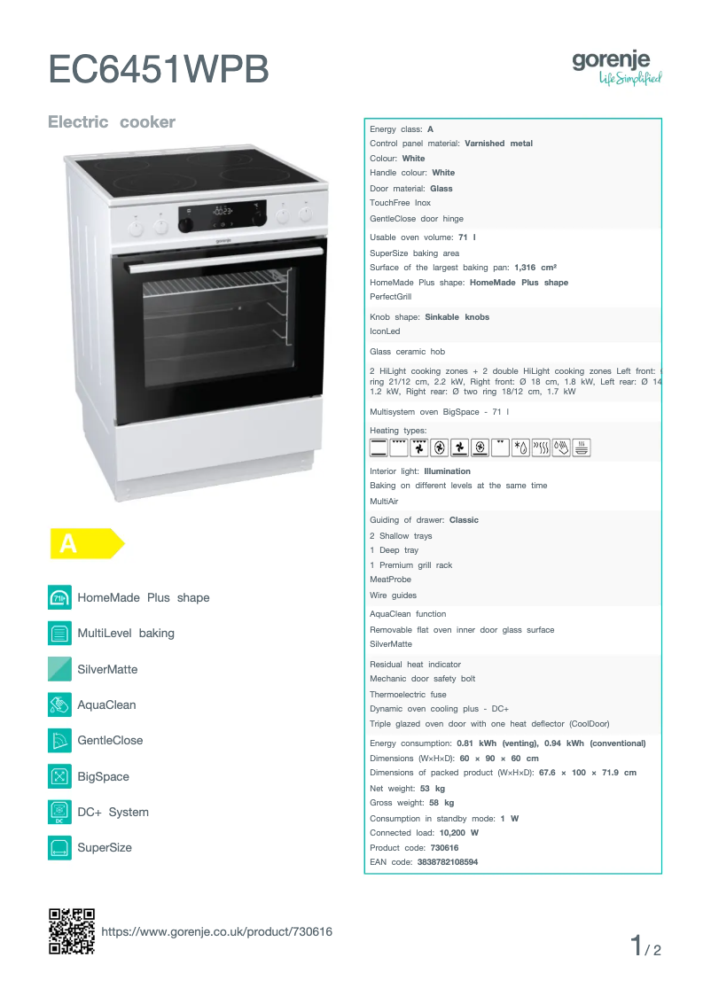 Page n°1 - Fiche technique Gorenje EC6451WPB