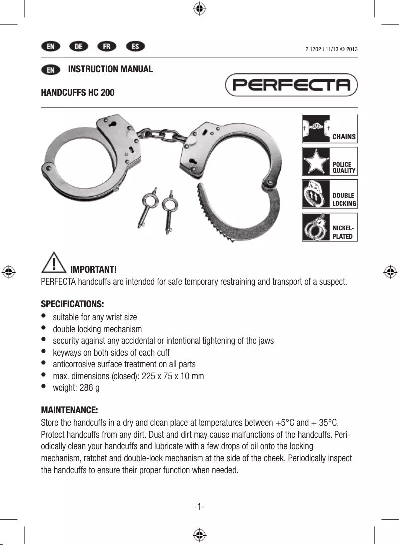 Page 1 de la notice Manuel utilisateur Perfecta HC 200
