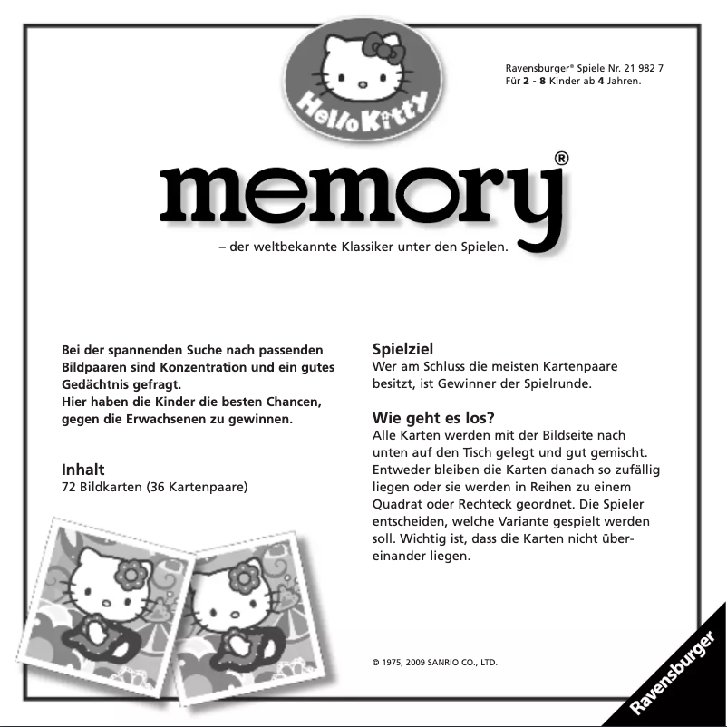 Page 1 de la notice Manuel utilisateur Ravensburger Hello Kitty Memory