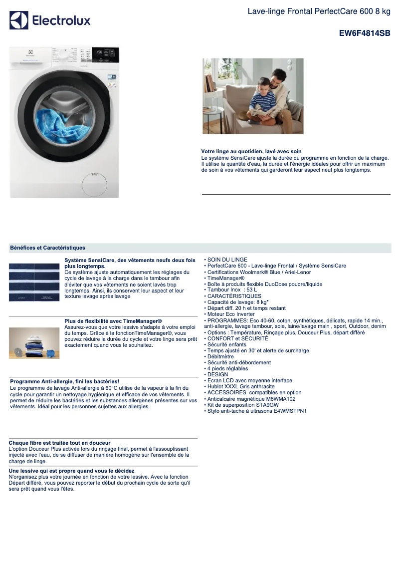 Page 1 de la notice Fiche technique Electrolux EW6F4814SB