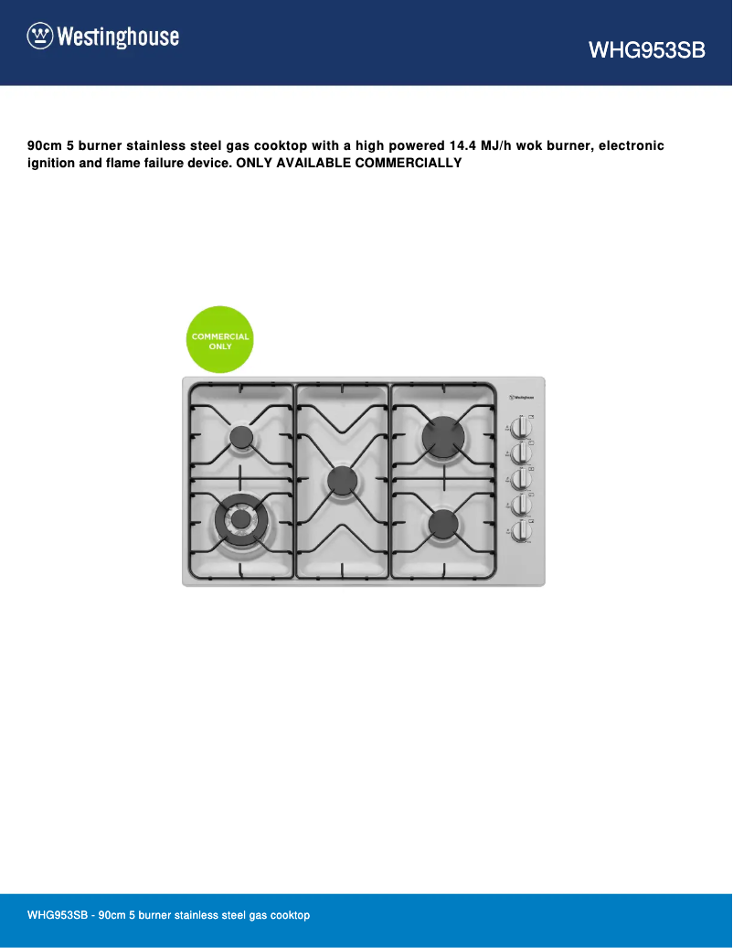 Page n°1 - Fiche technique Westinghouse WHG953SB
