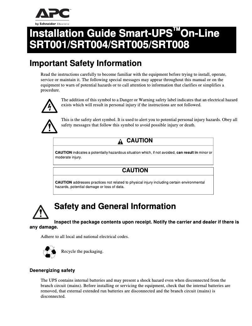 Page 1 de la notice Manuel utilisateur APC Smart-UPS SRT005