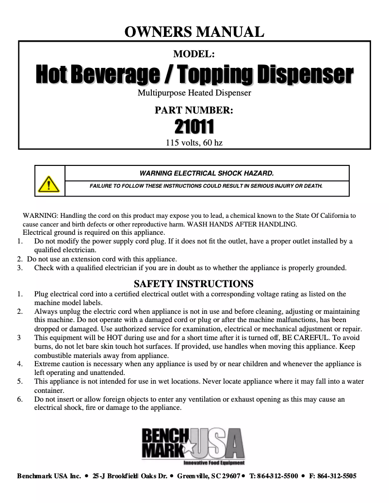 Page 1 de la notice Manuel utilisateur Benchmark USA 21011