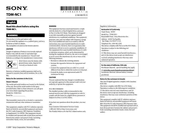 Page 1 de la notice Guide d'installation Sony TDM-NC1