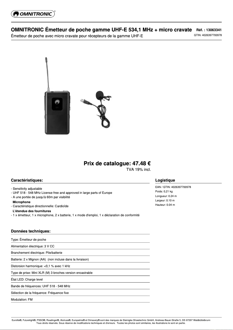 Page n°1 - Fiche technique Omnitronic E 534