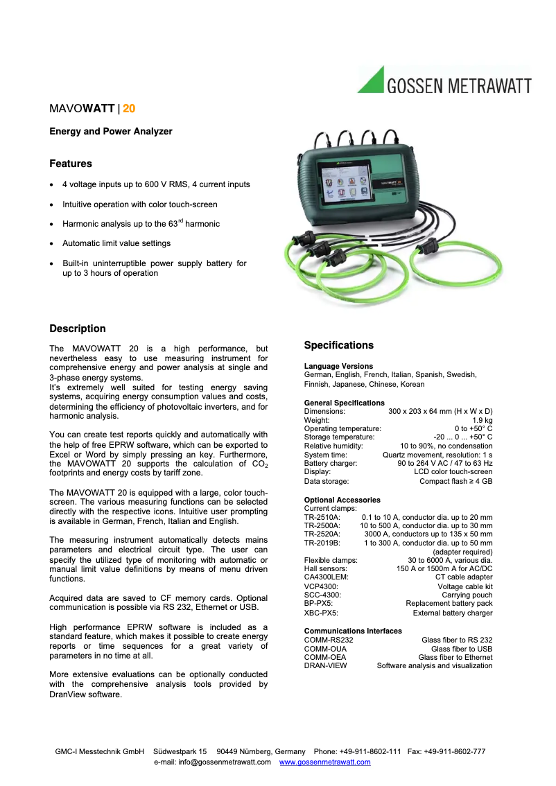 Page n°1 - Fiche technique Gossen Metrawatt MAVOWATT 20