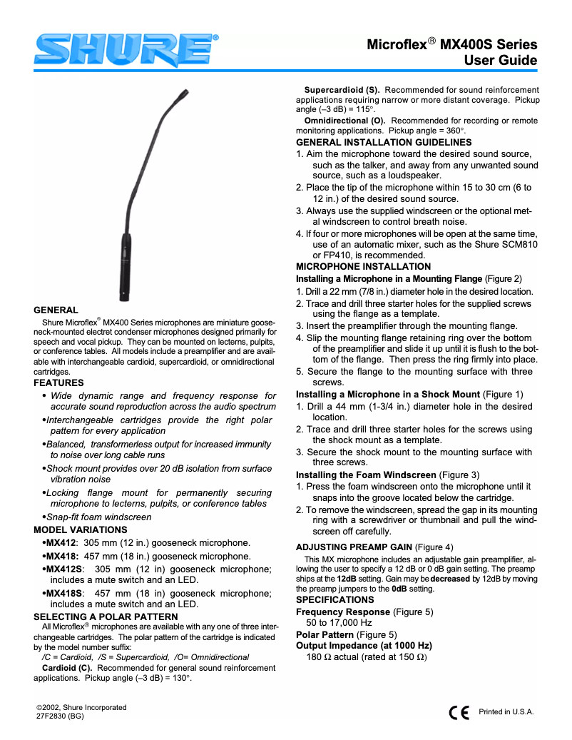 Page 1 de la notice Manuel utilisateur Shure Microflex MX418