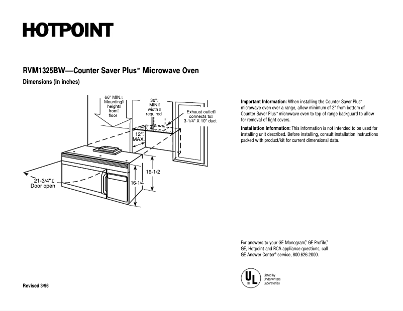 Page n°1 - Fiche technique Hotpoint CounterSaver Plus RVM1325BW