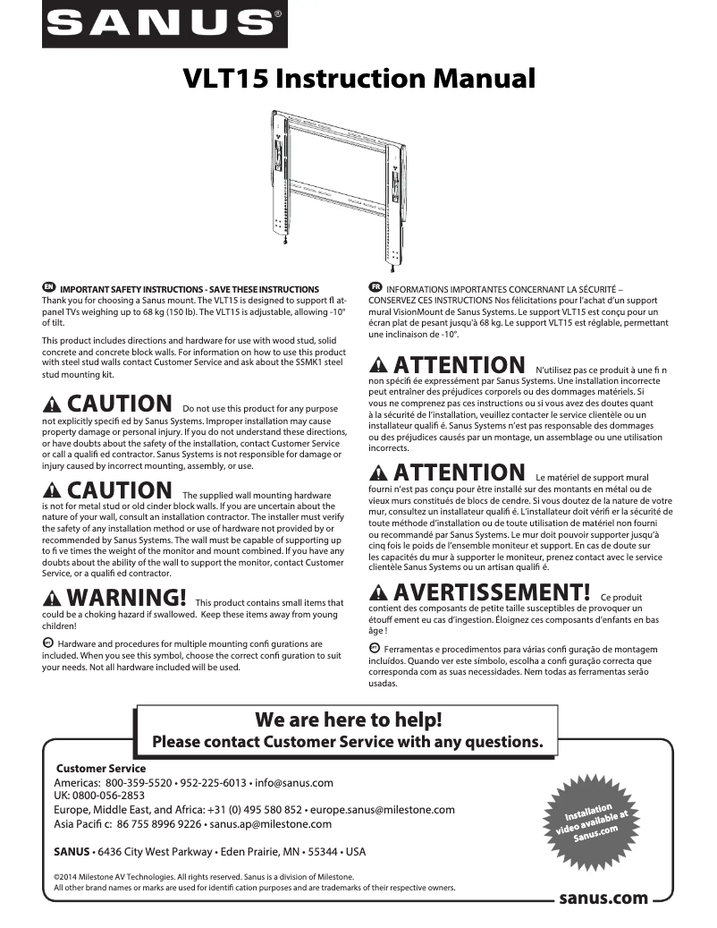 Page 1 de la notice Manuel utilisateur Sanus VLT15