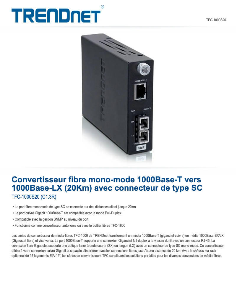 Página 1 del manual Ficha técnica TRENDnet TFC-1000S20