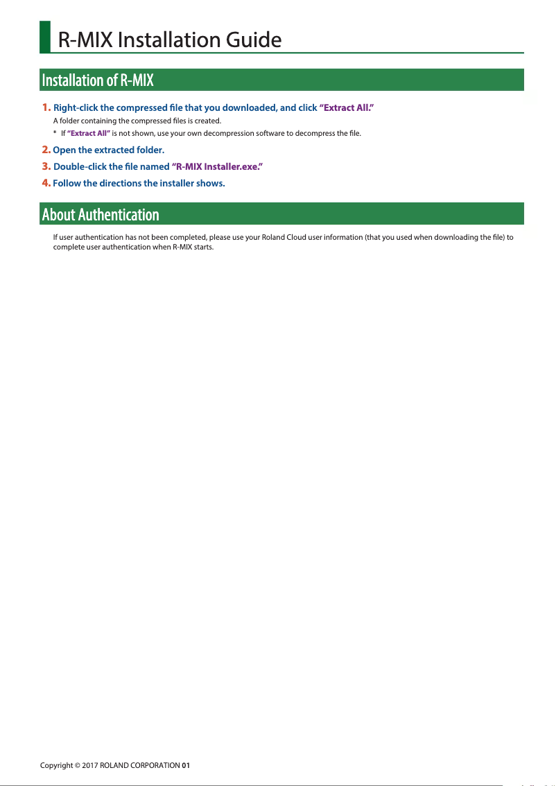 Page 1 de la notice Guide d'installation Roland R-MIX