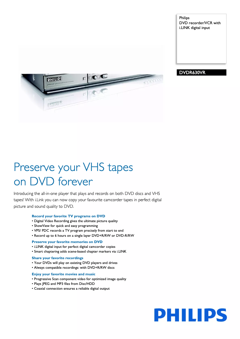 Page 1 de la notice Fiche technique Philips DVDR630VR