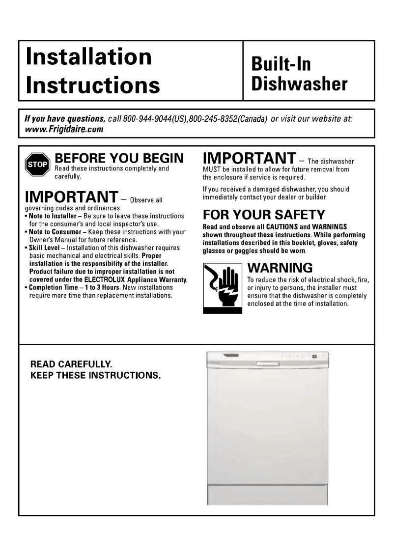 Page 1 de la notice Guide d'installation Frigidaire FDB2410HIS