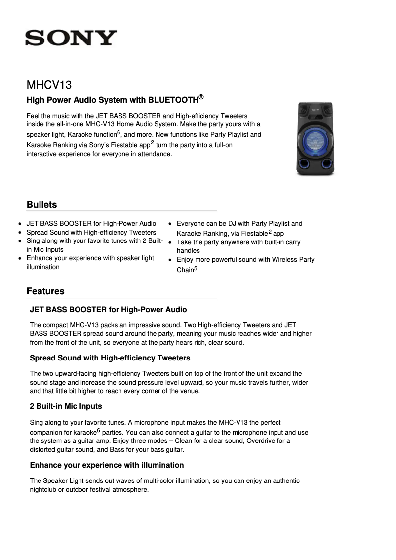 Página 1 del manual Ficha técnica Sony MHC-V13