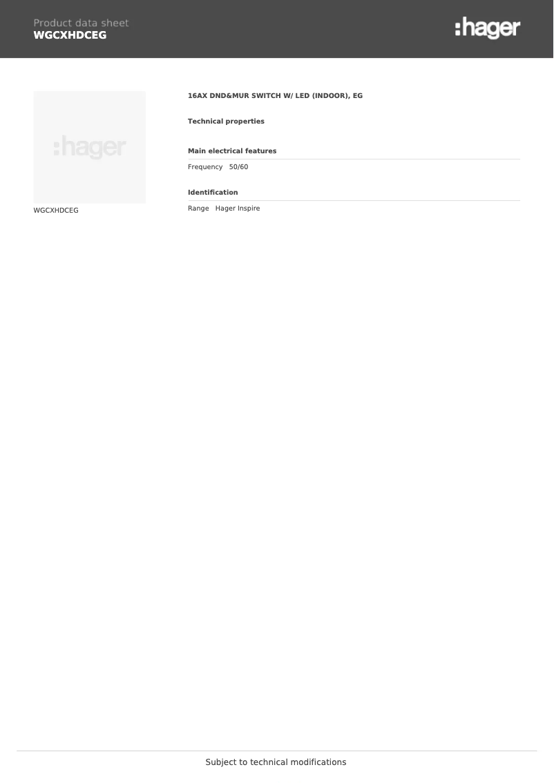 Page 1 de la notice Fiche technique Hager WGCXHDCEG