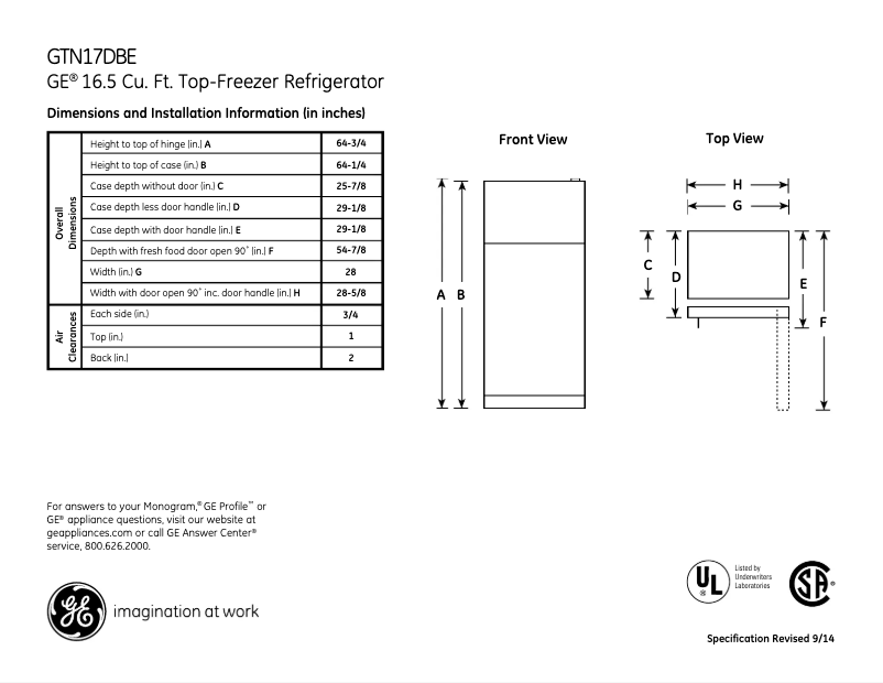 Page n°1 - Fiche technique GE GTN17DBECC