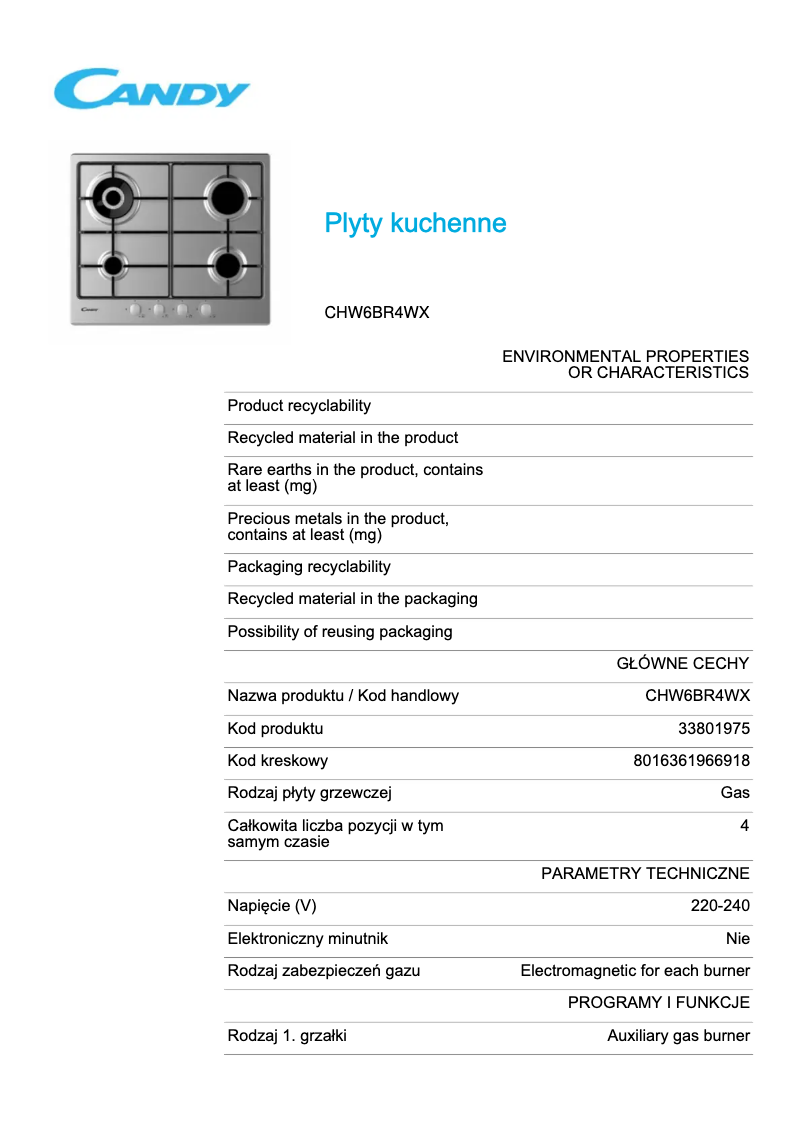 Page 1 de la notice Fiche technique Candy CHW6BR4WX