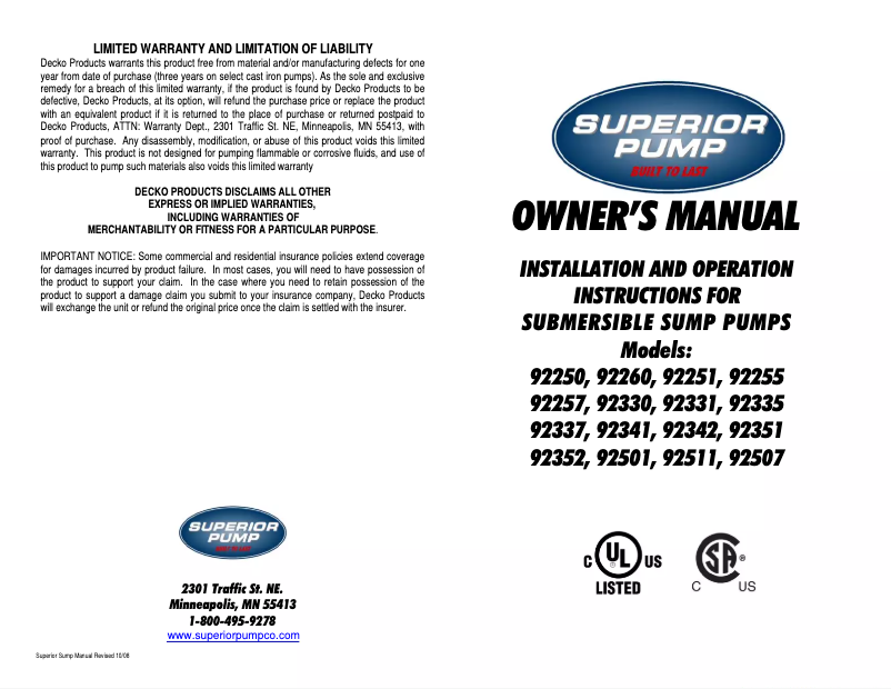 Page 1 de la notice Manuel utilisateur Superior Pump 92330