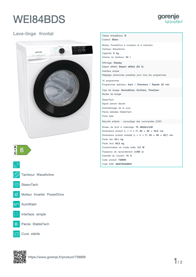 Page n°1 - Fiche technique Gorenje WEI84BDS