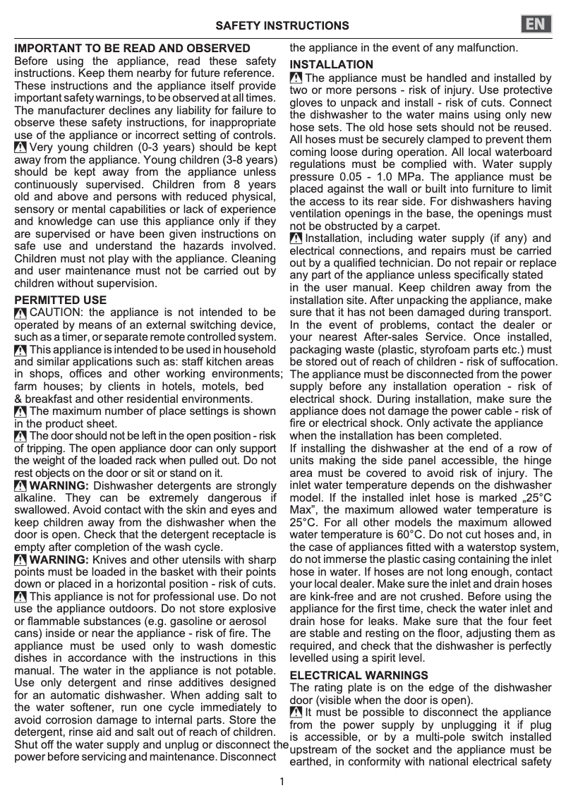 Page 1 de la notice Instructions de sécurité Whirlpool WSIC 3M27