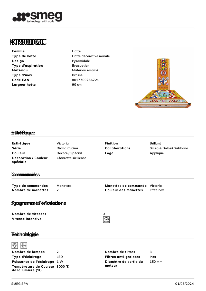 Page 1 de la notice Fiche technique Smeg KT90DGC