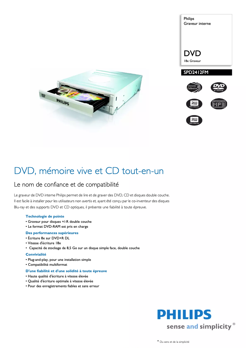 Page 1 de la notice Fiche technique Philips SPD2412FM