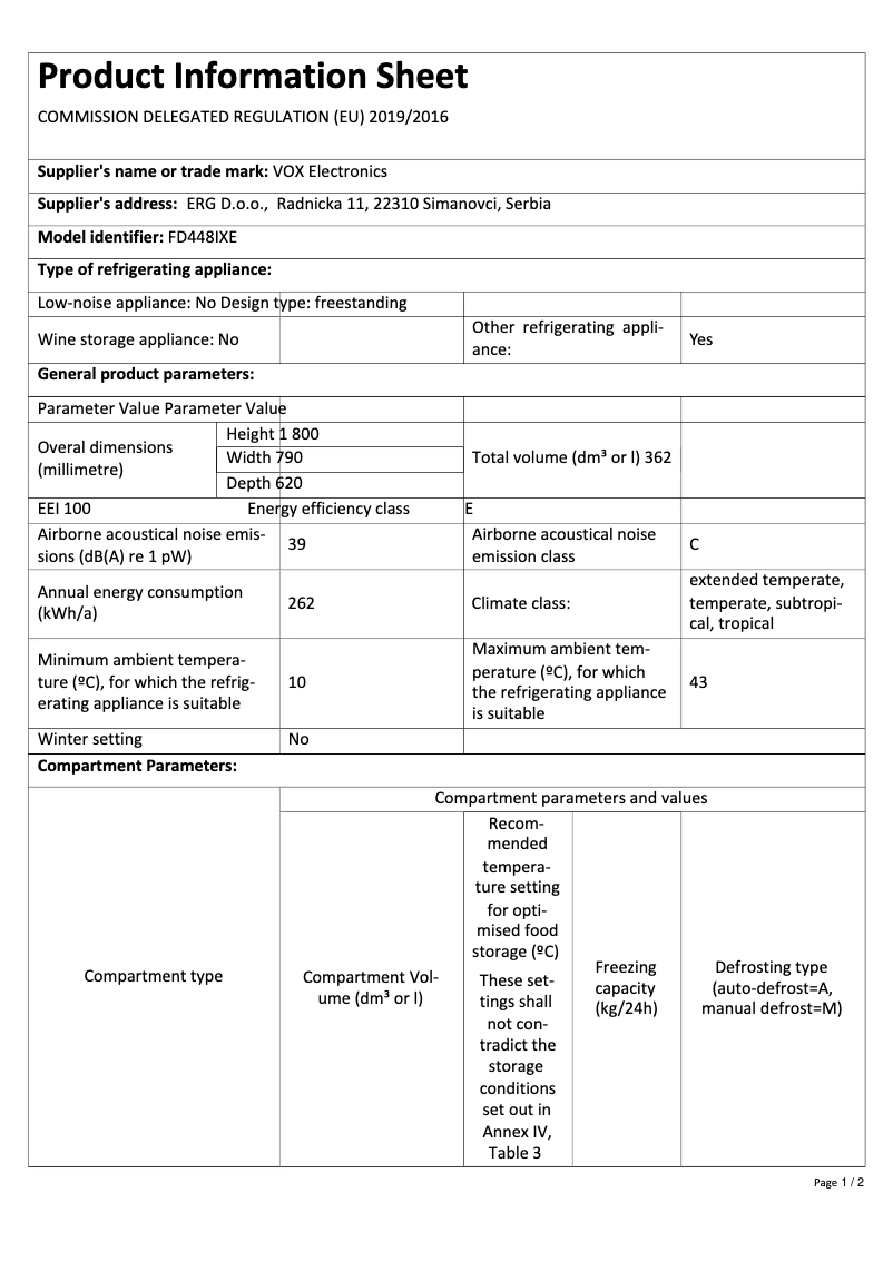 Page 1 de la notice Fiche technique VOX SBS FD 448 IXE