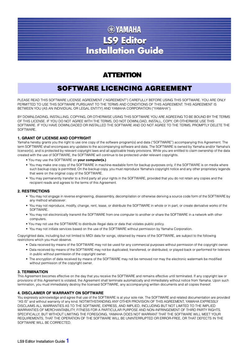 Page 1 de la notice Guide d'installation Yamaha LS9-32