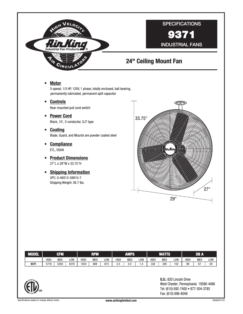 Page 1 de la notice Fiche technique Air King 9371