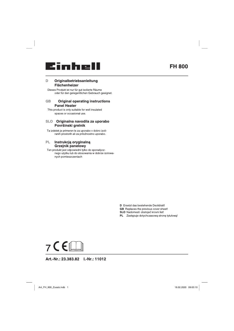 Page 1 de la notice Manuel utilisateur Einhell FH 800