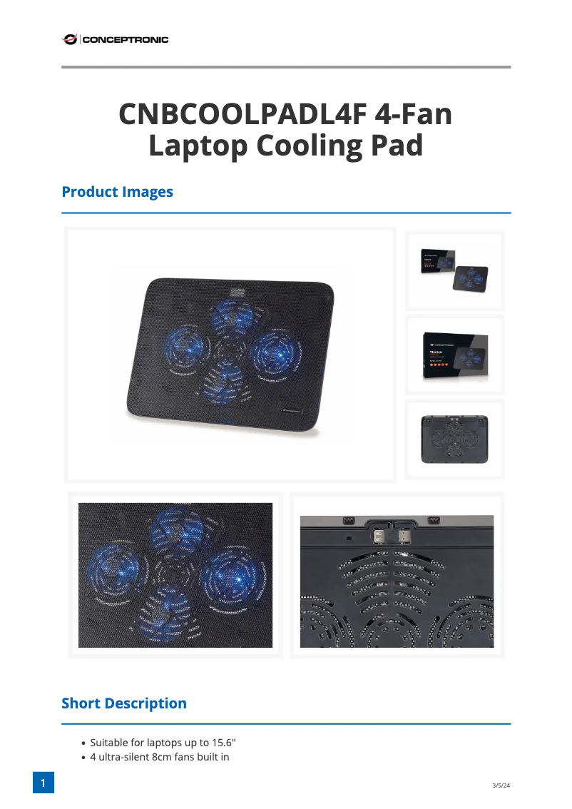 Page 1 de la notice Fiche technique Conceptronic CNBCOOLPADL4F
