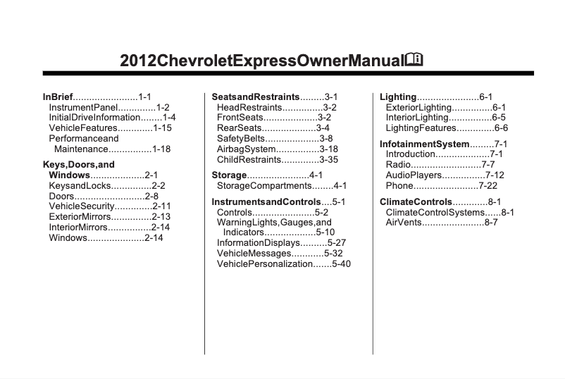 Page 1 de la notice Manuel utilisateur Chevrolet Express Passenger (2012)