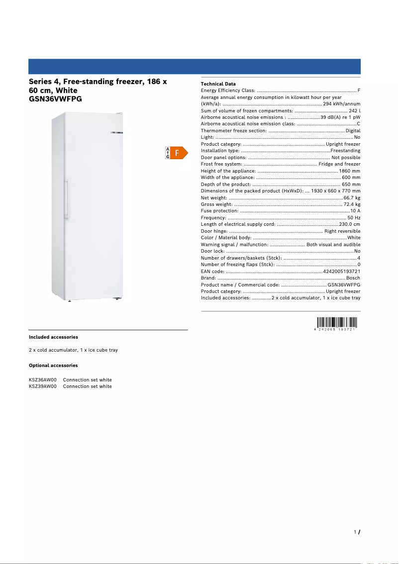 Page 1 de la notice Fiche technique Bosch GSN36VWFPG