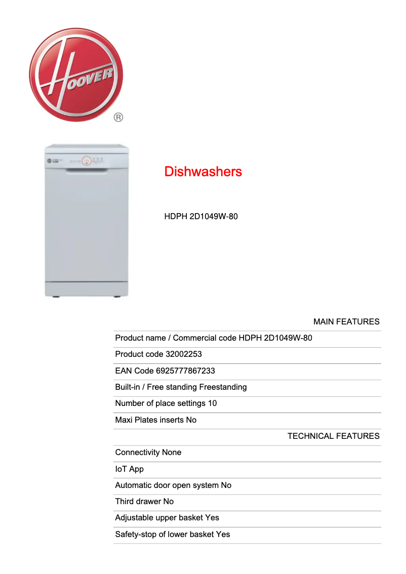 Page n°1 - Fiche technique Hoover HDPH 2D1049W-80