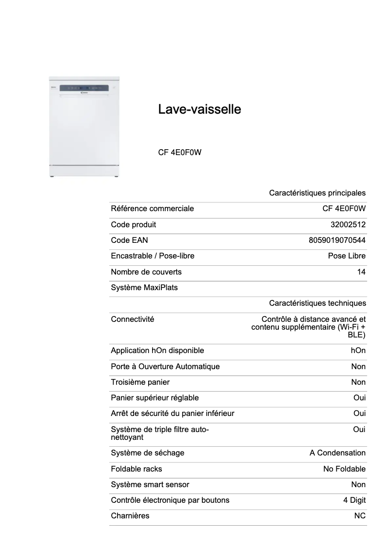 Page 1 de la notice Fiche technique Candy CF 4E0F0W