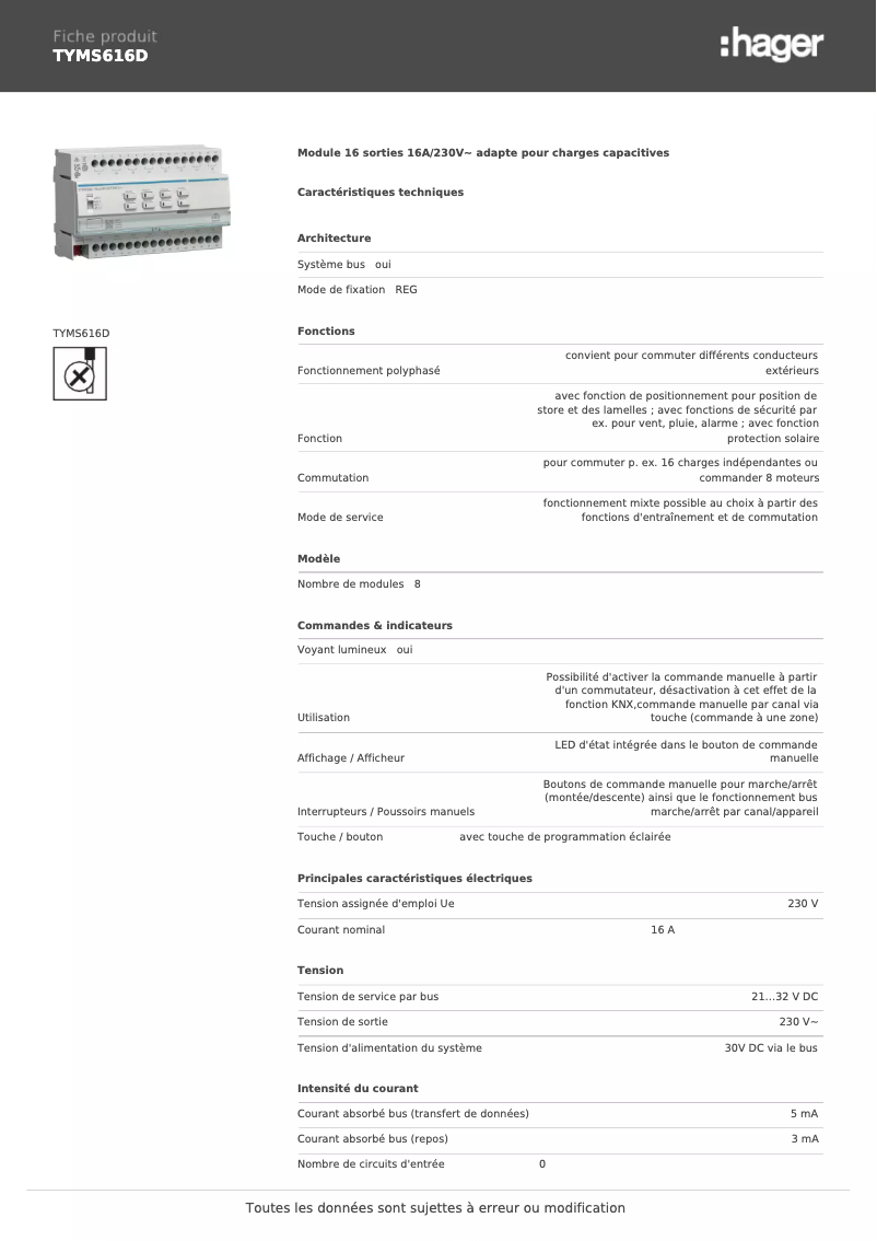 Page 1 de la notice Fiche technique Hager TYMS616D