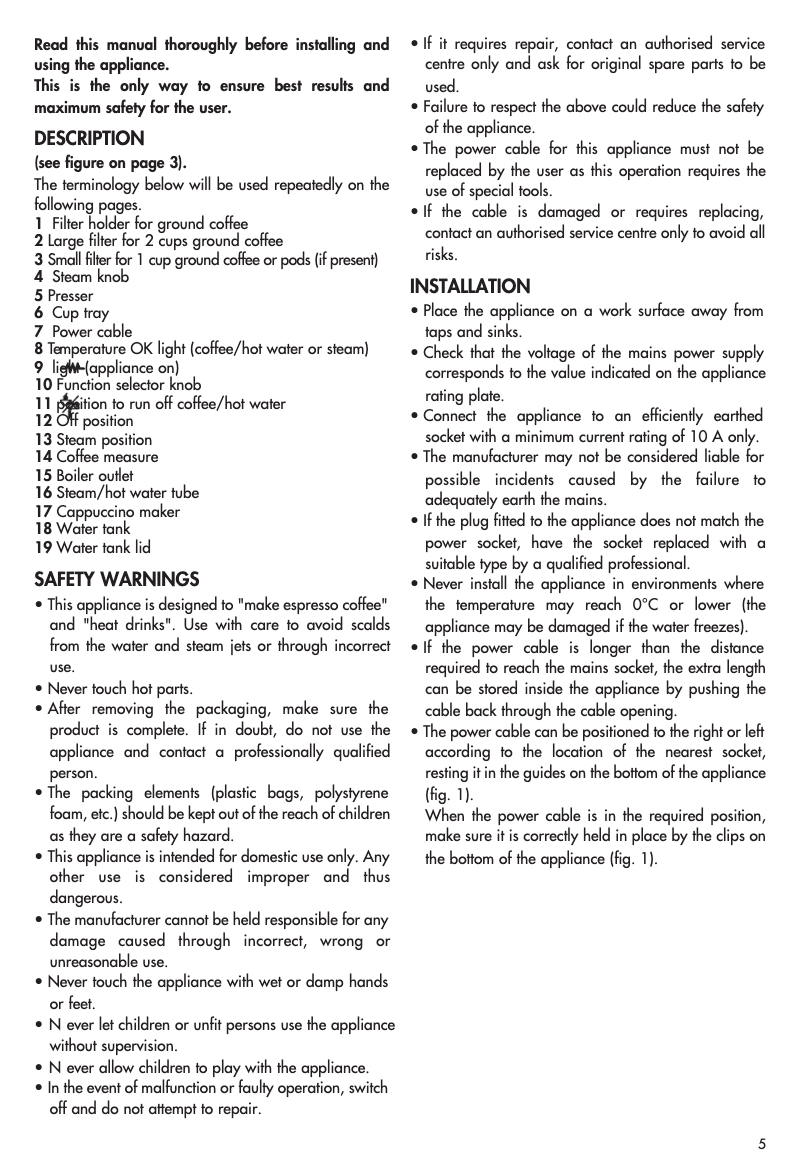 Page 1 de la notice Manuel utilisateur DeLonghi Bar 32