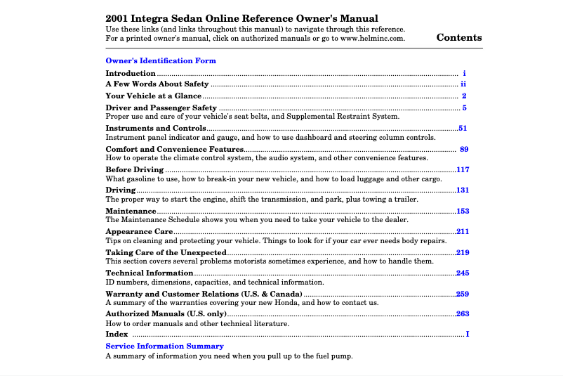 Página 1 del manual Manual de usuario Honda Integra Sedan (2001)