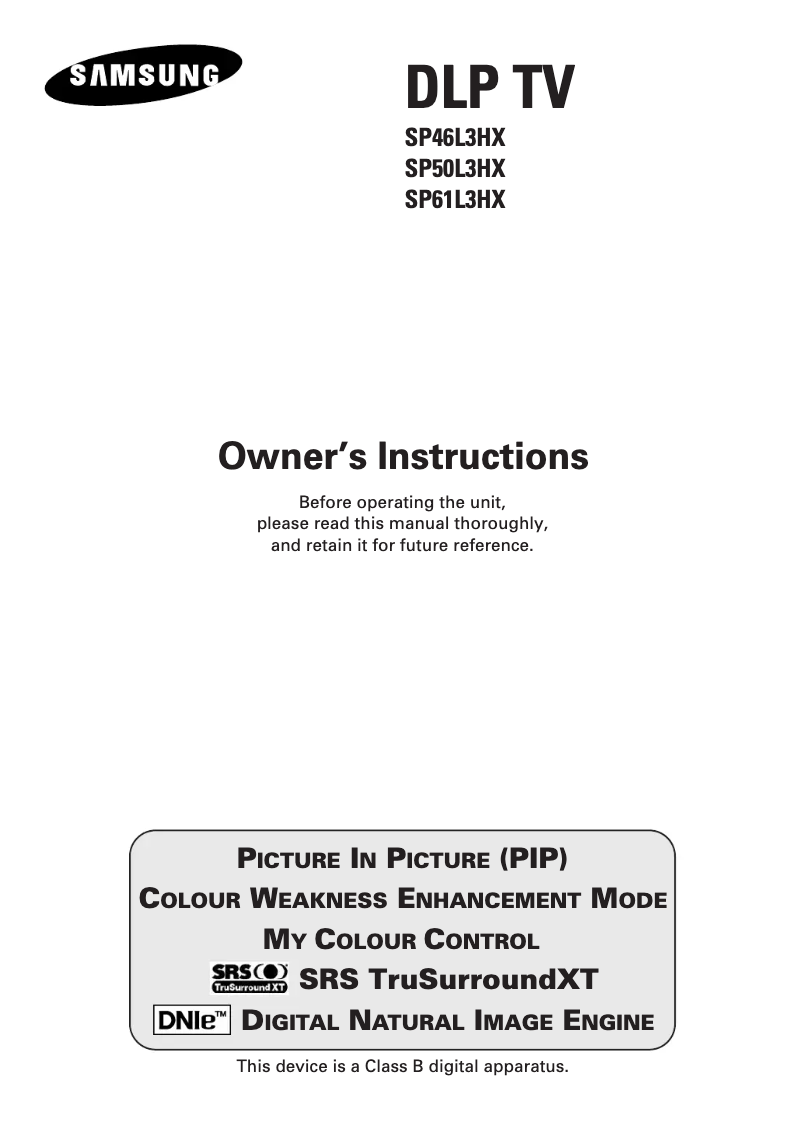 Page 1 de la notice Manuel utilisateur Samsung SP46L3HXR