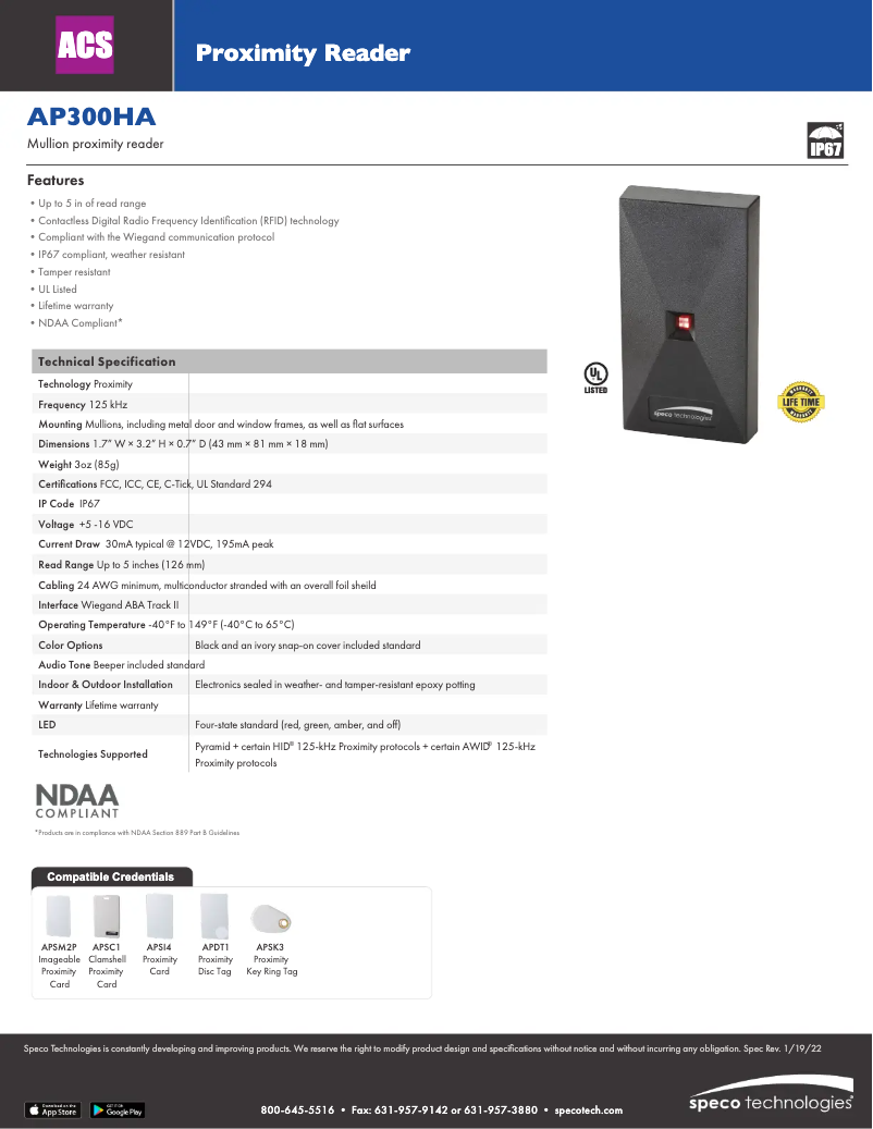 Page 1 de la notice Fiche technique Speco Technologies AP300HA