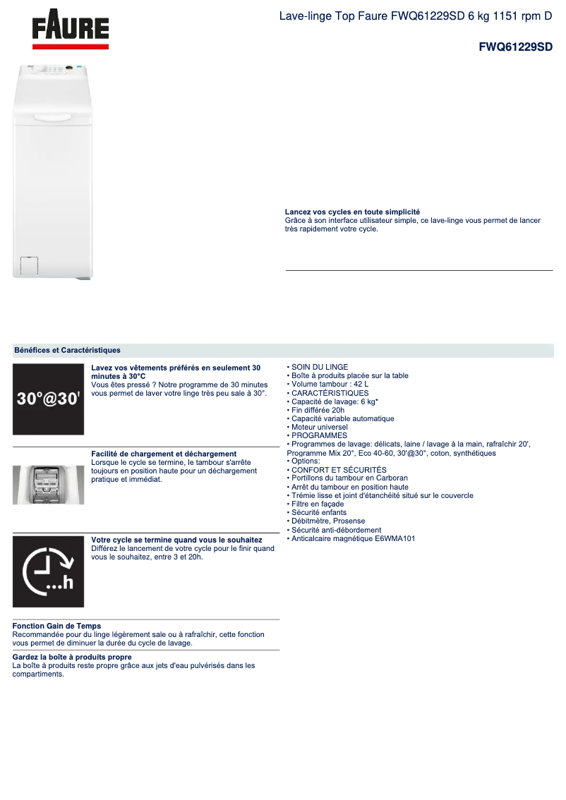 Page n°1 - Fiche technique Faure FWQ61229SD