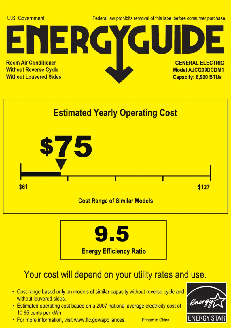 Página 1 del manual Etiqueta energética GE AJCQ09DCD