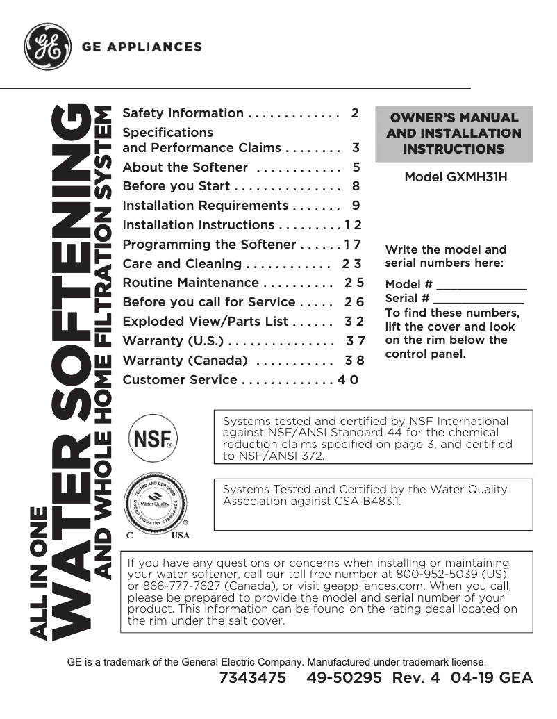 Page 1 of the manual Installation Guide GE GXMH31H
