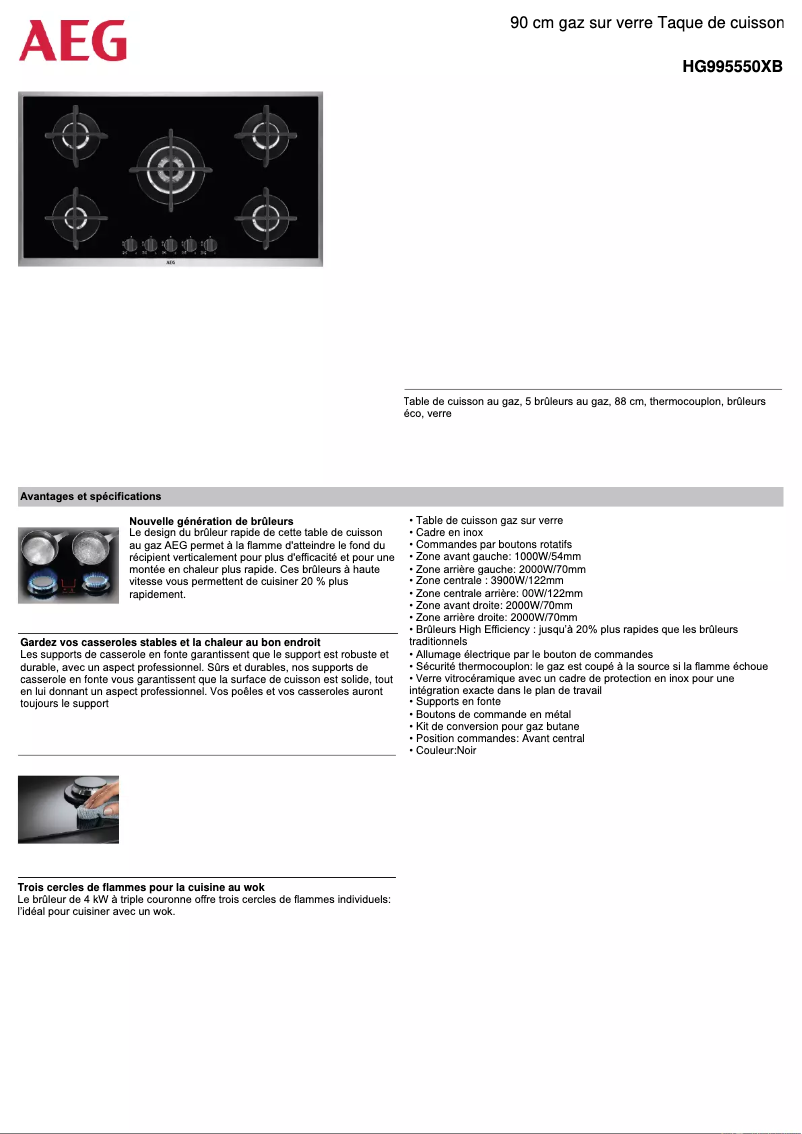 Page 1 de la notice Fiche technique AEG HG995550XB