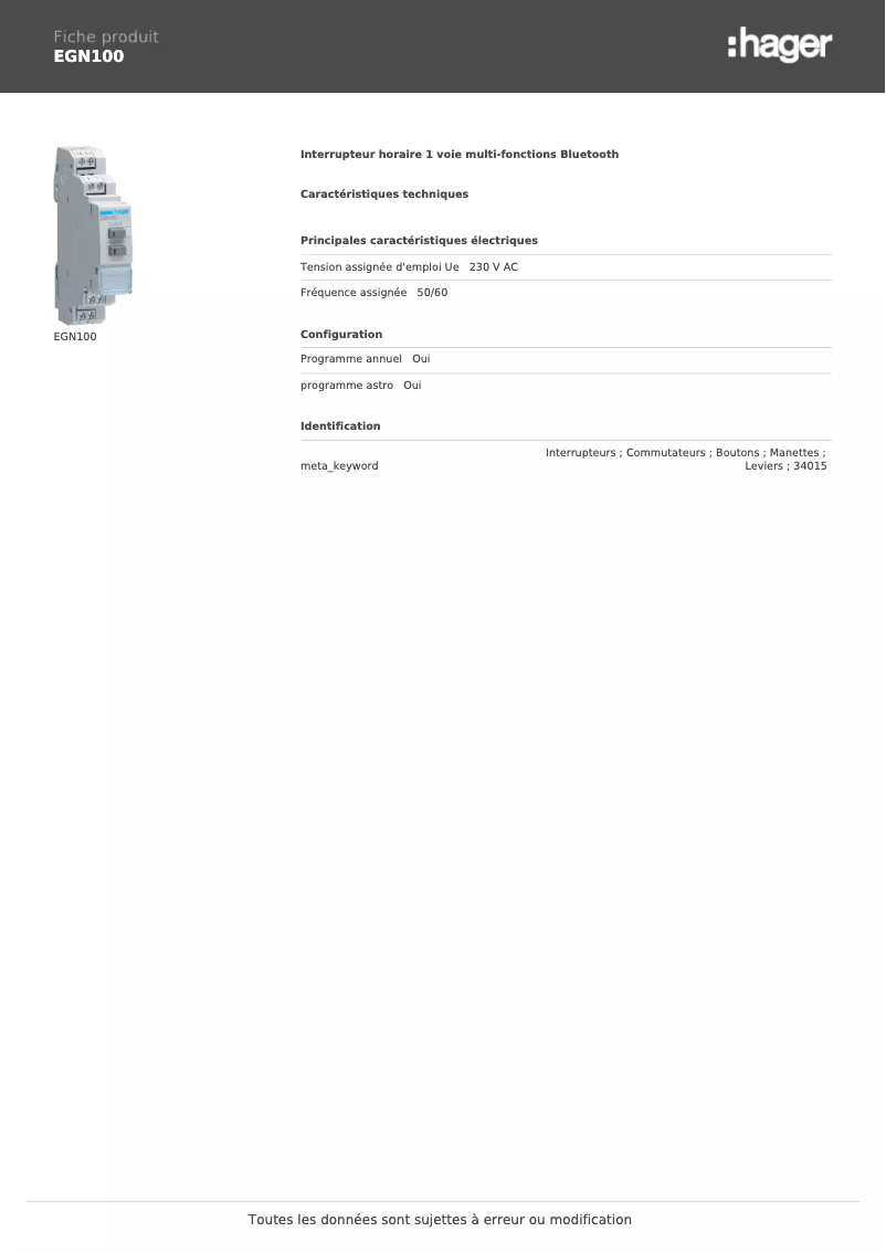 Page 1 de la notice Fiche technique Hager EGN100