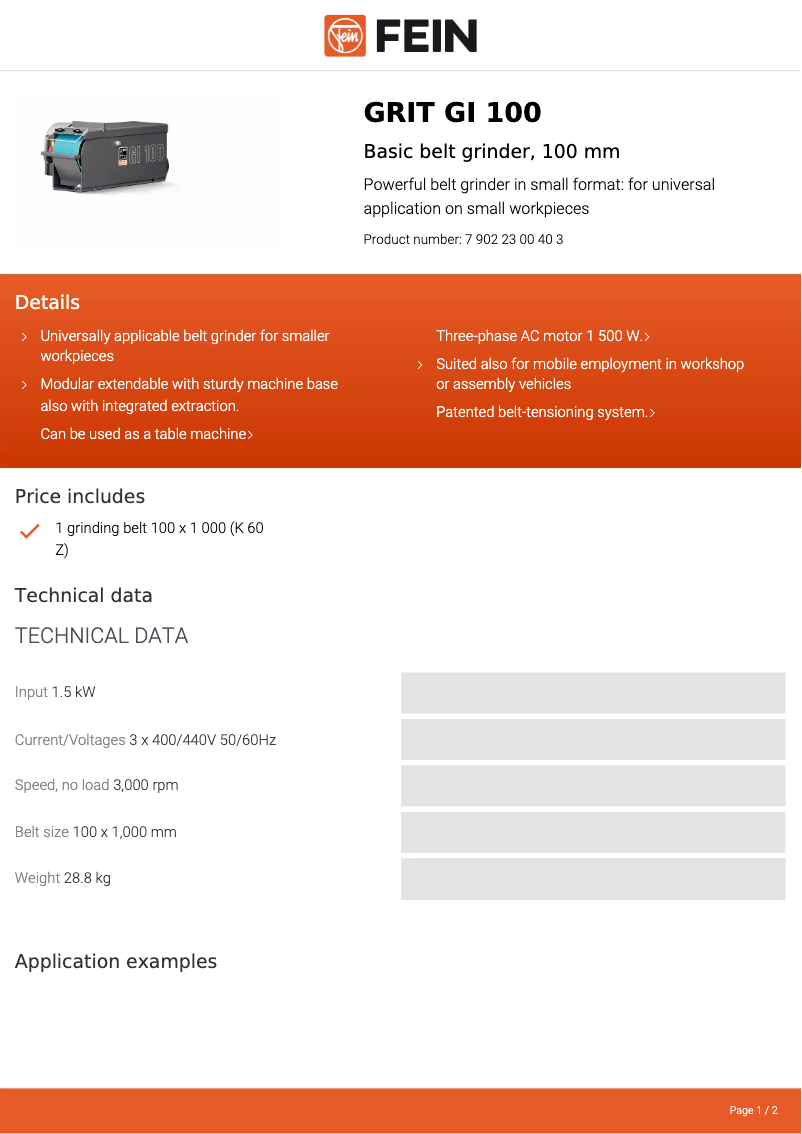 Page 1 de la notice Fiche technique Fein GRIT GI 100